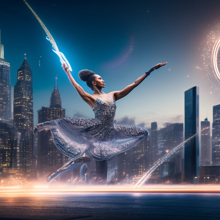 A stylized illustration of a dancer in motion, surrounded by swirling digital elements like Wi-Fi symbols, hashtags, and miniature laptops, with a subtle cityscape or stage lights in the background.