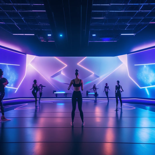 A futuristic dance studio with a giant screen displaying a virtual instructor, surrounded by holographic dancers, with VR headsets and motion-sensing devices scattered around the floor.