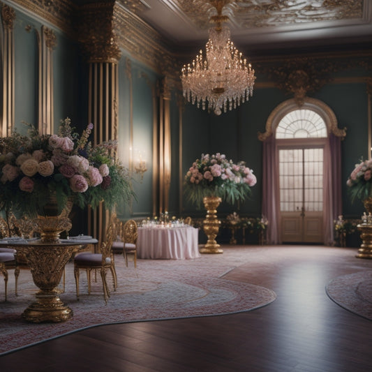 A lavish, dimly lit ballroom with a polished wooden floor, adorned with intricate flower-patterned mirrors, and ornate chandeliers, surrounded by blooming florals in soft pastel hues.