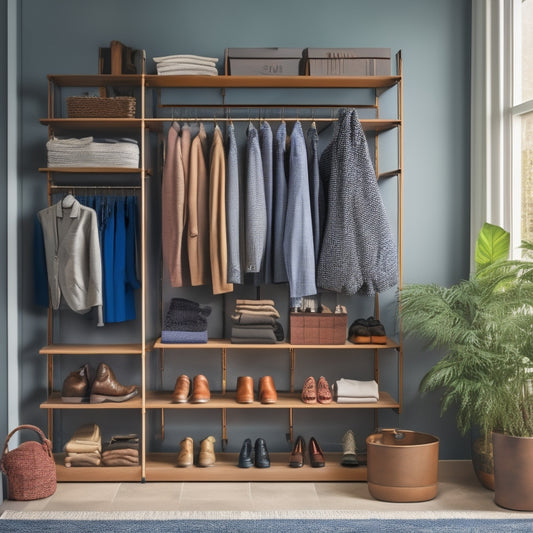 A spacious, industrial-style wardrobe rack filled with neatly hung clothes, showcasing diverse fabrics and colors. Surrounding it, sturdy shelves adorned with neatly folded sweaters and shoes, all set against a minimalist, modern backdrop.