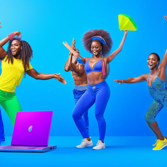 A vibrant, energetic illustration of a diverse group of people dancing and exercising in front of laptops, with colorful props and fun accessories, set against a bright, gradient blue background.