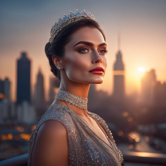 A regal, confident woman with a crown and sash, standing in front of a cityscape at sunset, with a subtle sparkle effect on her skin and a faint, shimmering aura surrounding her.