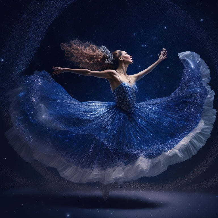 A whimsical illustration of a dancer surrounded by swirling musical notes, fragmented mirrors, and scattered choreographed movements, set against a dark blue background with subtle starlight twinkles.