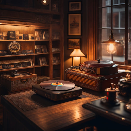 A warm, dimly lit record store interior with a vintage record player in the foreground, a rare Tannahill Weavers vinyl on the turntable, and a subtle Ebay logo on the store's wall.