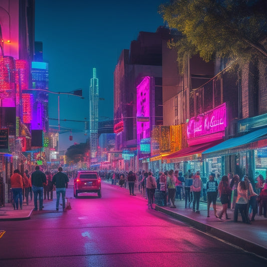 A neon-lit, bustling 6th Street in Austin, Texas, at night, with vibrant clubs and bars, strobing lights, and people dancing in the crowded streets, under a warm, starry night sky.