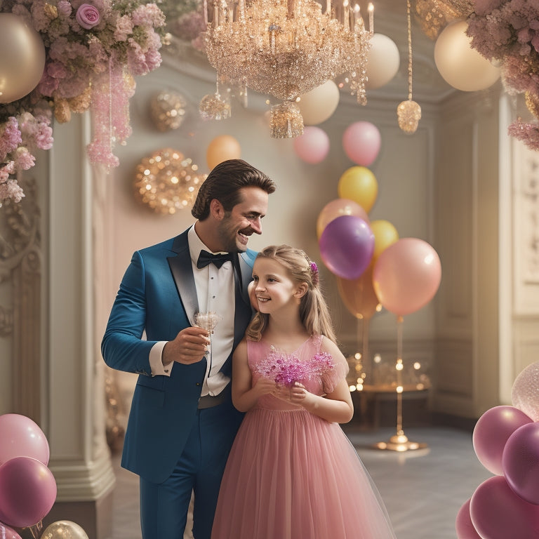 A whimsical illustration of a smiling father and daughter, hand in hand, surrounded by balloons and flowers, in front of a elegant ballroom backdrop with a subtle sparkle effect.