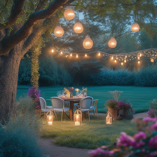 A whimsical garden setting at dusk, adorned with twinkling fairy lights draped over trees, glowing lanterns on tables, and vibrant string lights creating a warm, inviting atmosphere, surrounded by lush greenery and colorful blooms.