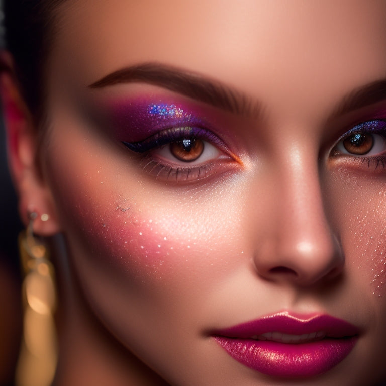 A close-up of a young dancer's face, spotlight shining down, with a flawless, shimmering makeup look featuring bold eyeliner, sparkling eyeshadow, and rosy cheeks, set against a dark, blurred background.