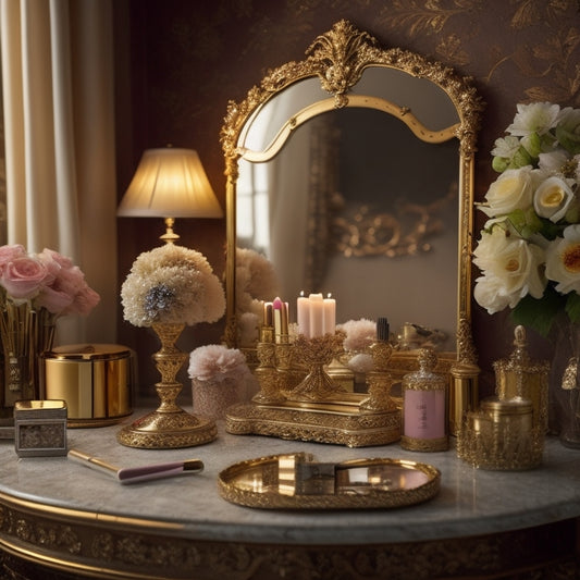 A soft, golden-lit makeup station with an ornate, antique vanity mirror, adorned with delicate flowers and candelabras, surrounded by an array of high-end makeup products and brushes.