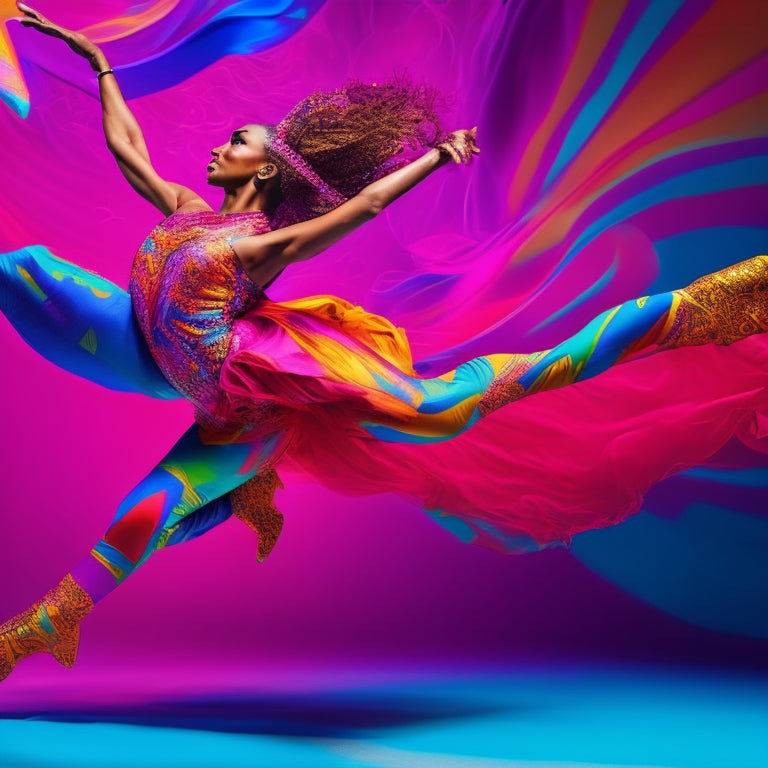 A vibrant, dynamic illustration of a dancer in mid-leap, surrounded by swirling fabrics in shades of hot pink, electric blue, and sunshine yellow, with dance-inspired patterns and shapes.