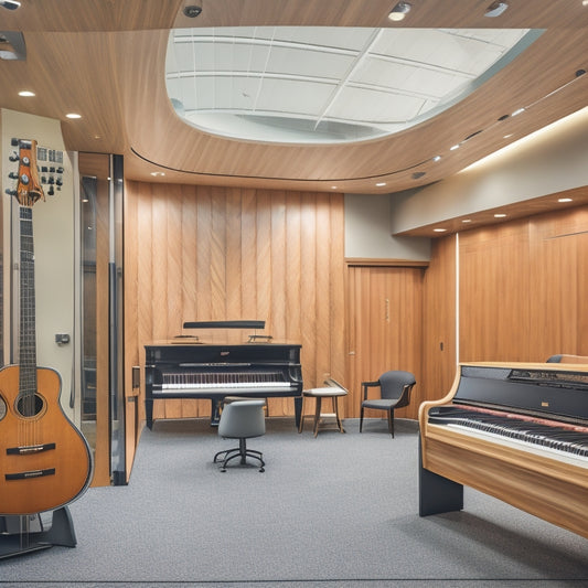 A bright, modern music room with sleek Wenger sound-absorbing panels, a curved wooden ceiling, and rows of computers with headphones, surrounded by acoustic guitars and a grand piano.