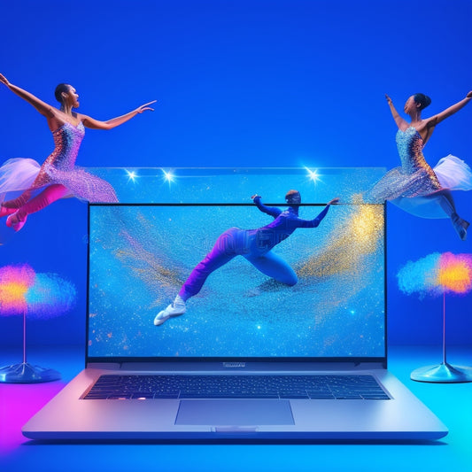 A vibrant illustration of a laptop surrounded by dancing silhouettes in various styles (ballet, hip-hop, contemporary), with sparkling dollar signs and coins orbiting around, against a bright, gradient blue background.