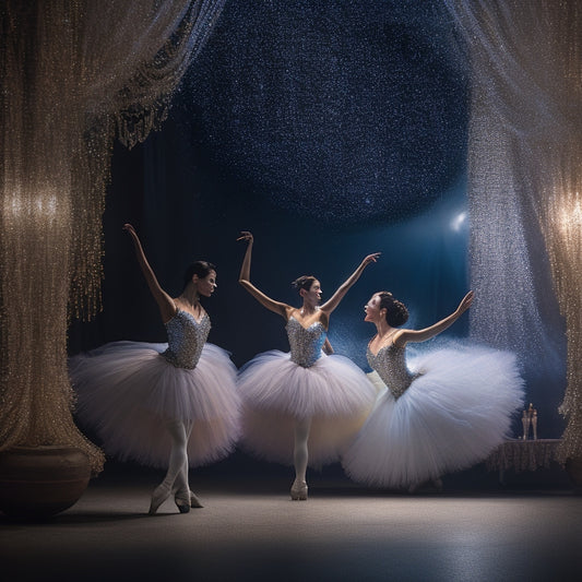 A whimsical, moonlit dance studio scene with 3-5 ballet dancers in various poses, their silhouettes sparkling with glittering, swirling fabric patterns, amidst soft, flowing drapes and twinkling string lights.