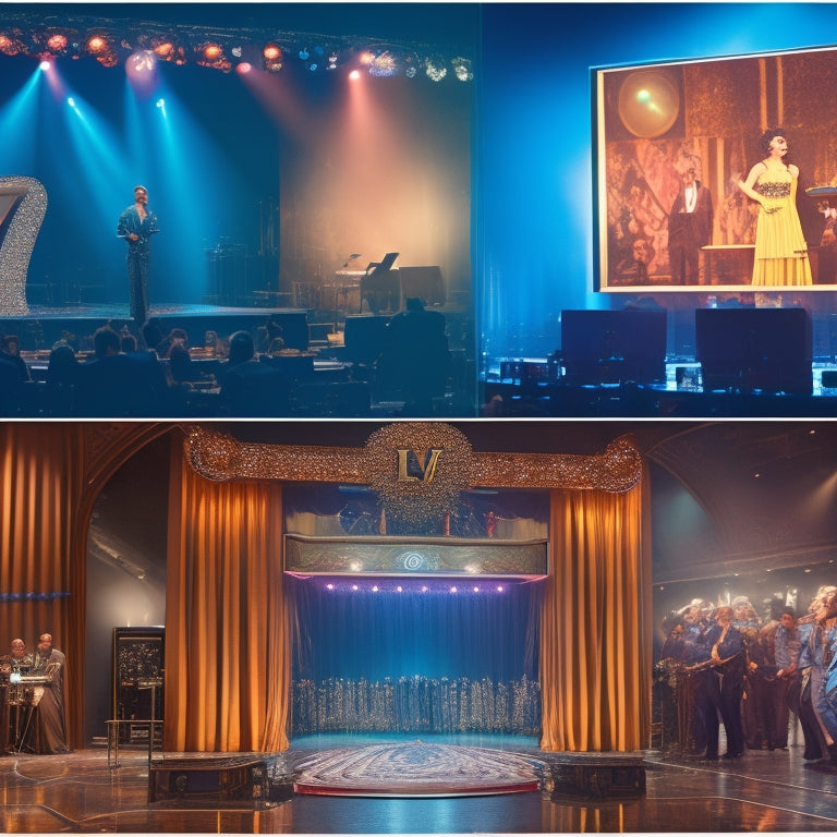 A split-screen image: a lavish Broadway stage with two performers in sparkling costumes, vs. a behind-the-scenes shot of a TV control room with frantic producers and a "LIVE" sign crossed out.