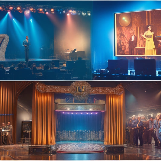 A split-screen image: a lavish Broadway stage with two performers in sparkling costumes, vs. a behind-the-scenes shot of a TV control room with frantic producers and a "LIVE" sign crossed out.