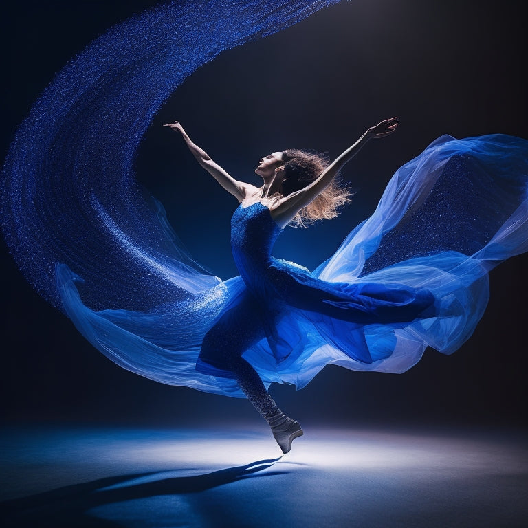 A silhouette of a dancer in mid-leap, surrounded by swirling ribbons of light that evoke movement and energy, set against a dark blue background with subtle, shimmering stars.