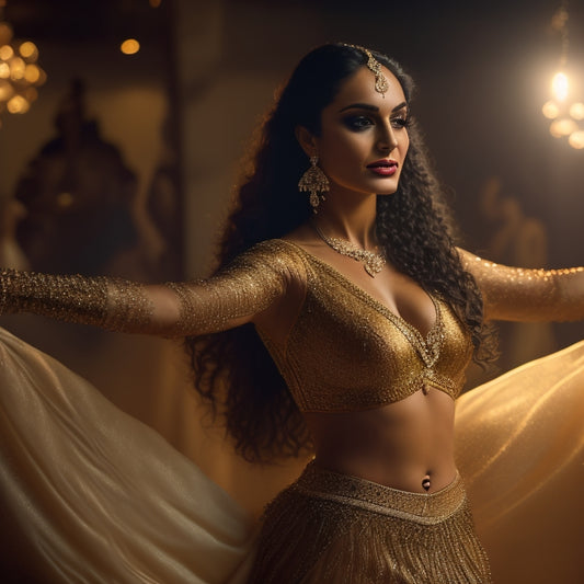 A warm, golden-lit dance studio with a beautiful, confident woman in a shimmering belly dance costume, surrounded by flowing silk drapes and intricate Middle Eastern patterns.