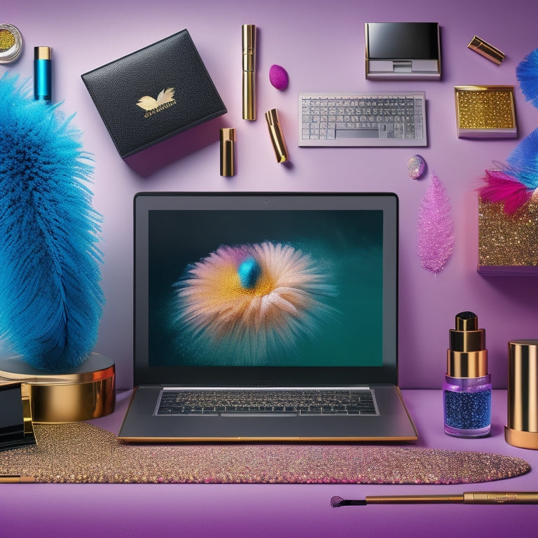 A vibrant illustration of a laptop surrounded by various makeup products and dance-inspired accessories, such as ballet shoes, feathers, and glitter, with screens reflecting social media platforms.