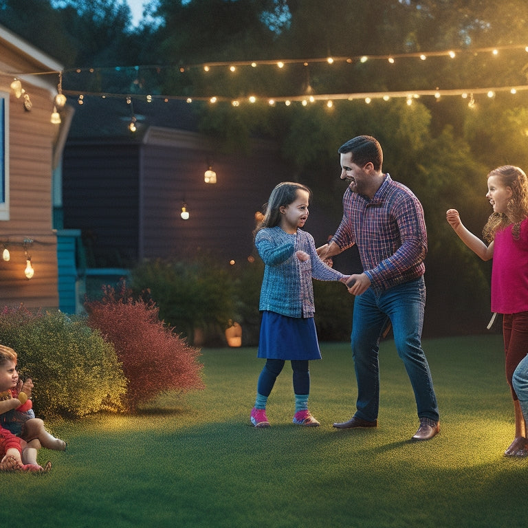 A warm and colorful illustration of a lively backyard or living room scene showcasing a joyful family of four (two kids, mom, and dad) dancing together under twinkling string lights.