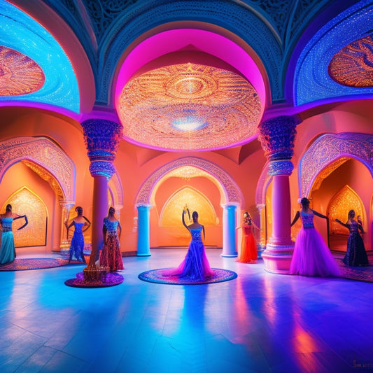 A vibrant, futuristic dance studio with holographic projections of belly dancers in various poses, surrounded by swirling patterns of Middle Eastern architecture and soft, pulsing lights.