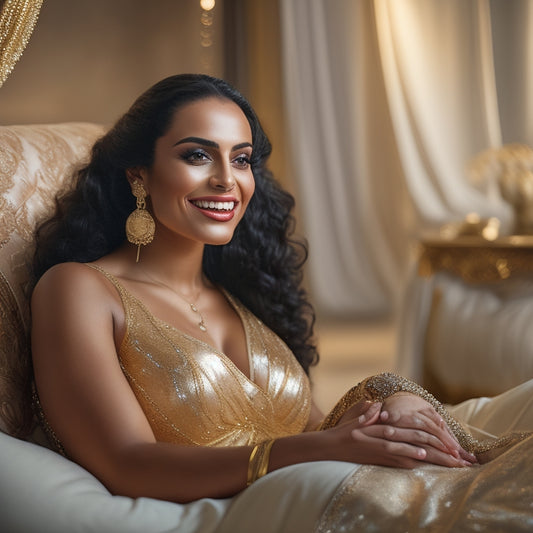 A serene, golden-lit studio with a beautiful, smiling woman in a flowing, shimmering costume, posing in a strong, toned core position, surrounded by Middle Eastern-inspired props and fabrics.