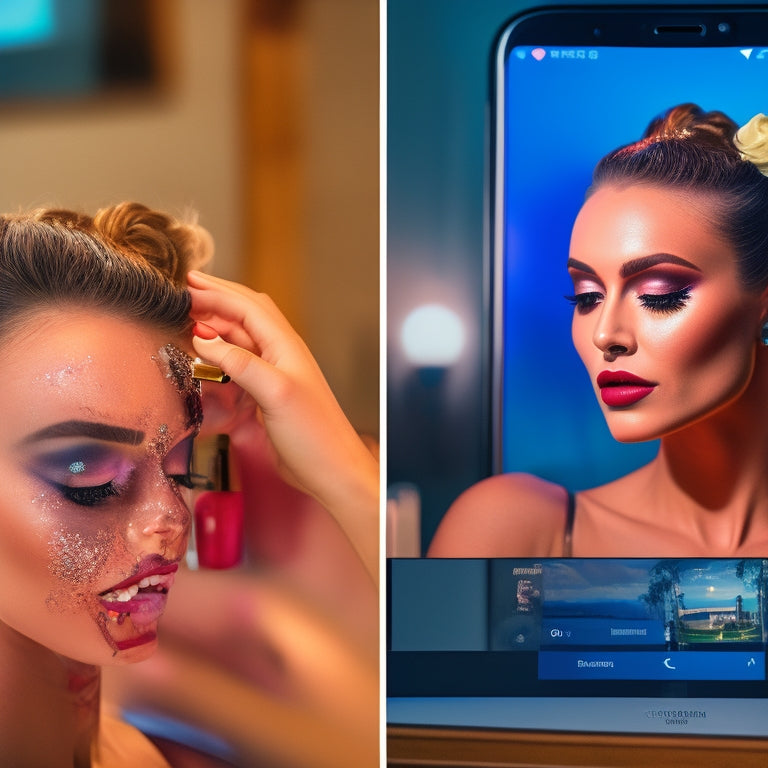 A split-screen image featuring a dancer applying makeup in front of a vanity, alongside a smartphone displaying a social media feed with comments and likes on their dance makeup look.