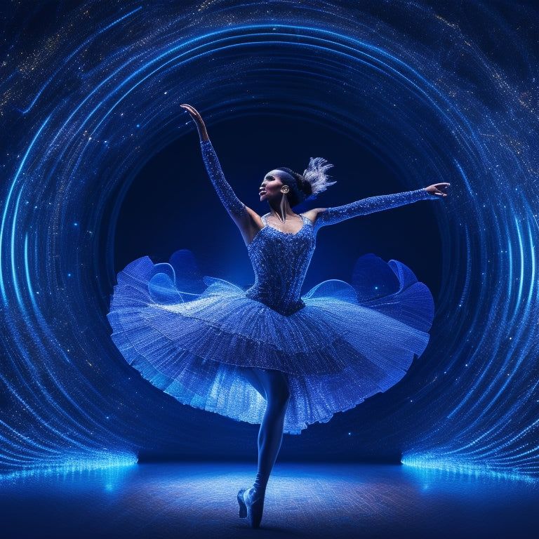 A stylized illustration of a dancer in motion, surrounded by swirling digital elements (circuits, wires, and screens) merging with dance-inspired shapes (tutus, dance floors, and spotlights), set against a dark blue background.