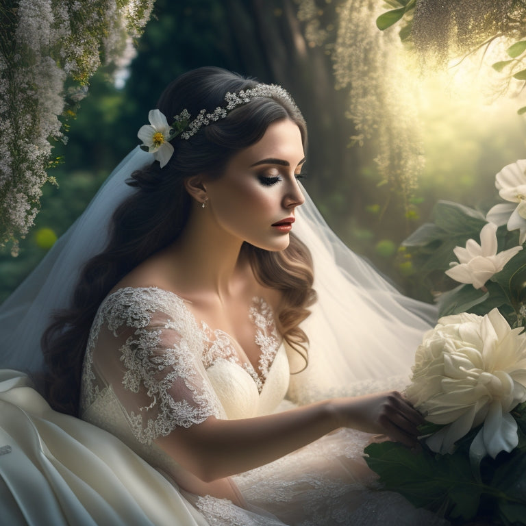 A whimsical illustration of a bride in a flowing white wedding gown, surrounded by delicate flowers, vines, and ribbons, with a subtle digital glow emanating from her fingertips.