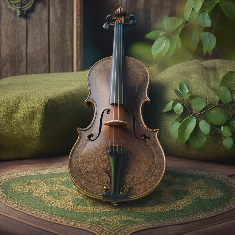 A stylized illustration of a traditional Irish fiddle, surrounded by musical notes and Celtic knot patterns, set against a warm, earthy background with subtle hints of emerald green.