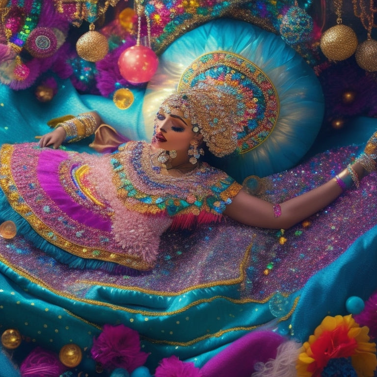 A whimsical illustration of a dancer surrounded by a kaleidoscope of fabrics, beads, and sequins, with intricate costumes and accessories floating around, shimmering with iridescence and sparkle.