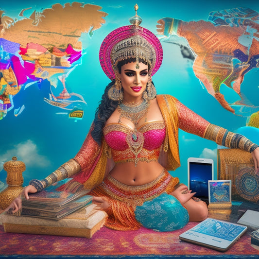 A vibrant illustration of a belly dancer surrounded by laptops, tablets, and smartphones, with a global map in the background, showcasing connections and online learning.