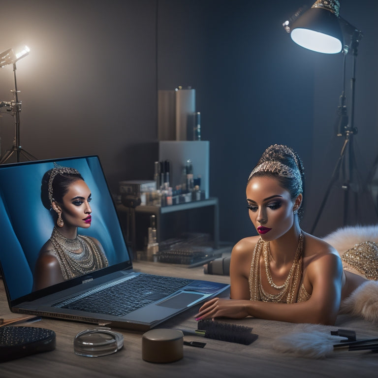 A dancer sitting in front of a ring light, surrounded by makeup brushes and products, with a laptop open to a tutorial in the background, reflecting a flawless, glamorous makeup look.