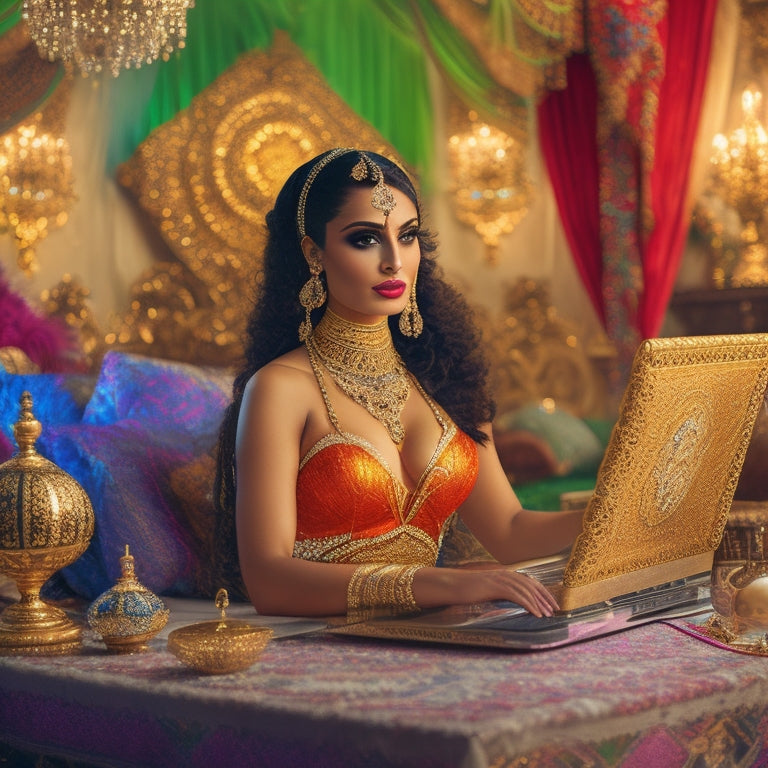 A warm, golden-lit illustration of a confident belly dancer in a lavish, ornate setting, surrounded by laptops, flowers, and exotic fabrics, with subtle hints of entrepreneurial success.