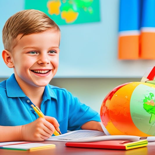 A colorful illustration of a smiling young learner sitting at a desk surrounded by German language learning tools, such as a globe, flashcards, and a pencil case with a German flag design.