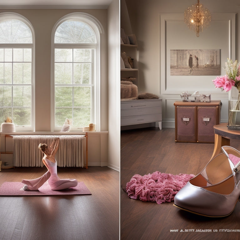 A beautiful, light-filled dance studio with a pair of Suffolk dance shoes centered, surrounded by scattered dance-themed items like a ballet barre, a music sheet, and a few dance clothes.