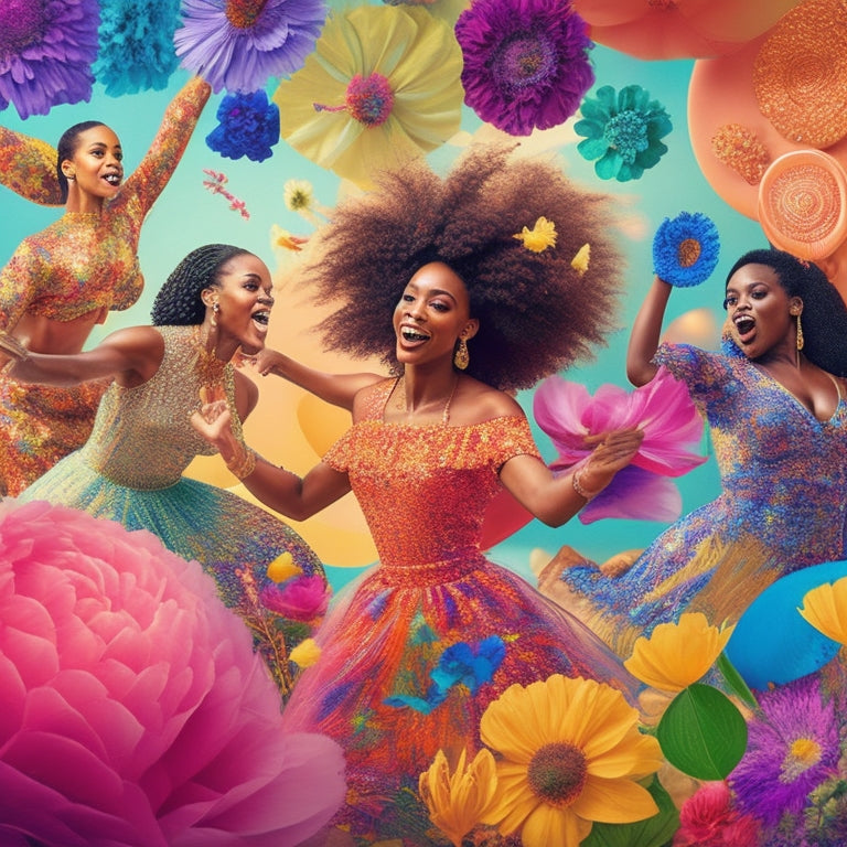 A whimsical illustration featuring a diverse group of people expressing themselves through various dance styles, surrounded by vibrant flowers and swirling patterns of color that evoke freedom and joy.