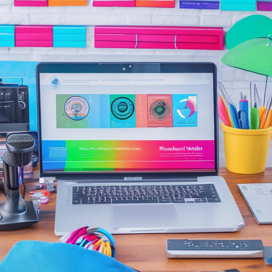 A colorful, modern illustration of a laptop screen displaying a webinar in progress, surrounded by various instructor tools and icons, including a whiteboard, microphone, and video camera.