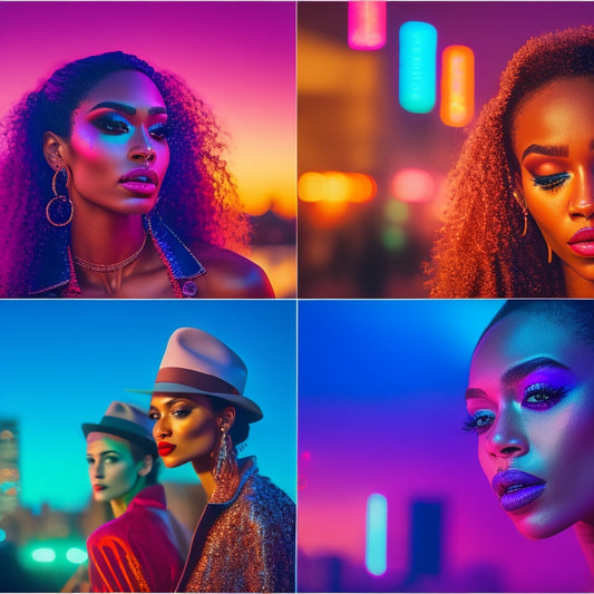 A split-screen image featuring a group of diverse friends, each with a different digital dance-inspired makeup look, posing in front of a bold, neon-lit cityscape at dusk.