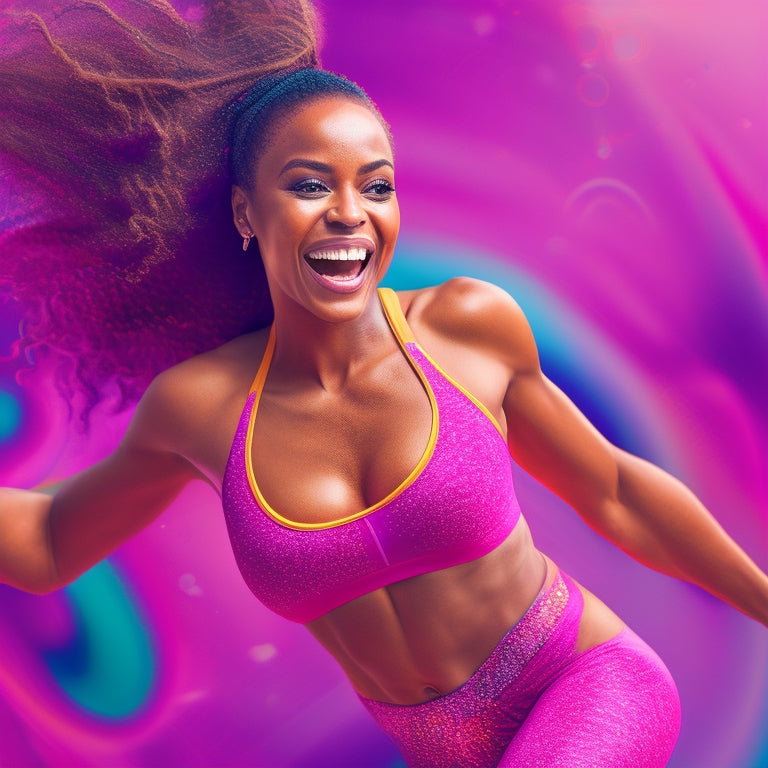 A vibrant illustration of a fit, smiling woman in mid-dance pose, wearing a bright pink sports bra and leggings, surrounded by swirling dance-inspired shapes and colors.