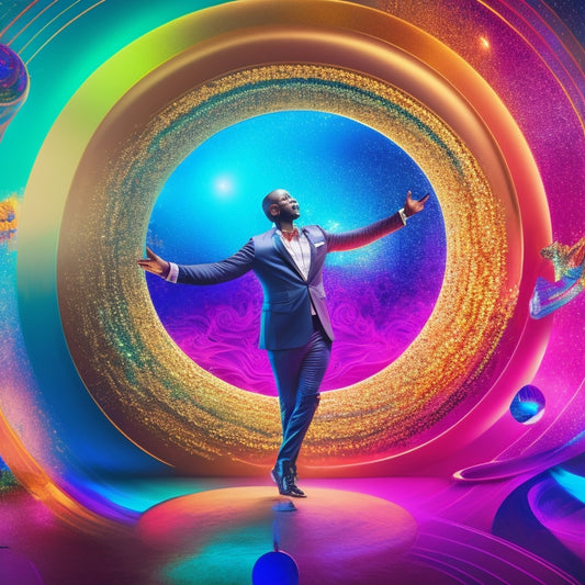 A colorful, dynamic illustration featuring a confident event organizer in the center, surrounded by swirling dance-inspired shapes, glittering trophies, and spotlights shining down, conveying energy and success.