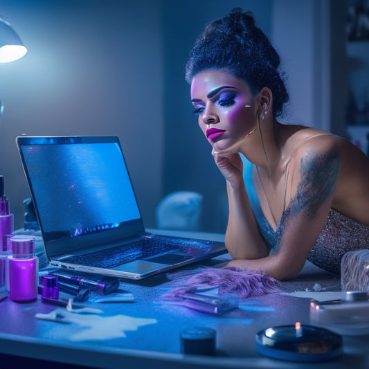 A frustrated dancer sitting in front of a laptop, surrounded by scattered makeup products, with a messy vanity and a reflection in the mirror showing uneven eyeliner and smudged eyeshadow.