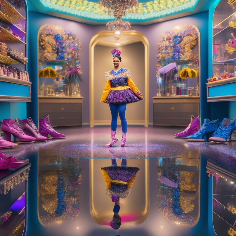 A vibrant illustration of a young adult standing in front of a mirror, surrounded by various dance-inspired objects like ballet shoes, hip hop hats, and feathers, with colorful dance floors and stages reflected in the mirror.