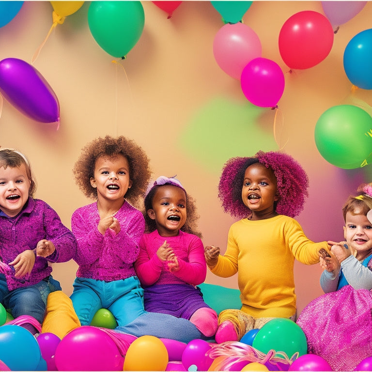 A colorful, vibrant illustration of 5-6 diverse preschoolers (ages 3-5) in a joyful, messy dance studio, surrounded by scarves, ribbons, and balloons, moving freely with instruments and props.