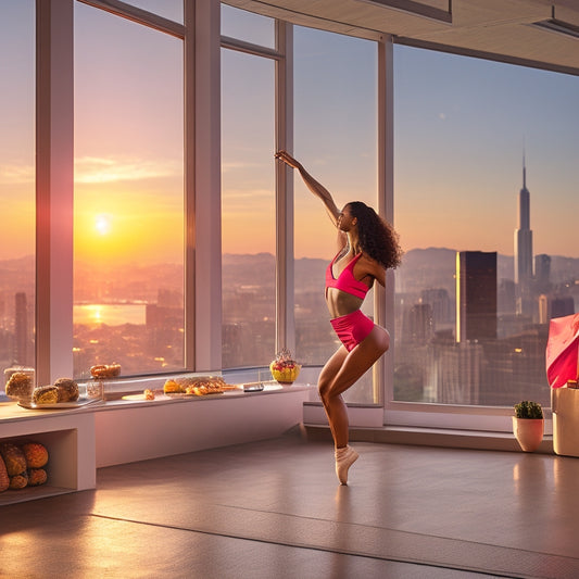 A solo dancer in a bright, modern studio, surrounded by healthy snacks and a few weights, with a blurred background of a cityscape at sunset, conveying energy and vitality.