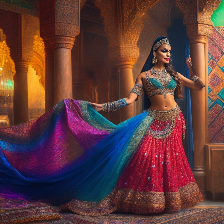 A beautiful, ornate Middle Eastern-inspired background with intricate patterns and vibrant colors, featuring a pair of elegant belly dancing hips and a flowing, shimmering skirt.