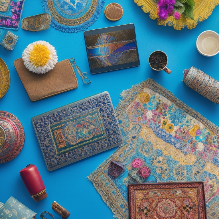 A colorful illustration featuring a laptop, tablet, and smartphone surrounded by Middle Eastern-inspired patterns, with a subtle belly dance silhouette in the background, and a few scattered digital icons.