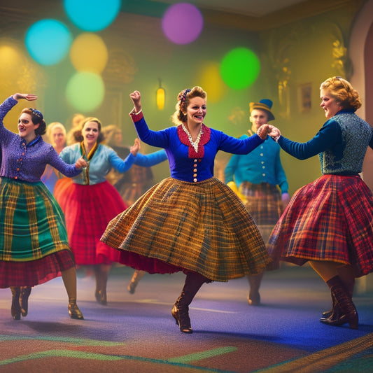 A vibrant illustration of a lively Scottish country dance scene: swirling tartan skirts, flying elbows, and joyful faces amidst a whirlwind of colorful attire, set against a warm, golden-lit background.