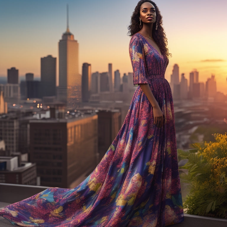 A stylized illustration of a woman wearing a flowy, floor-sweeping maxi dress in a bold, bright floral print, posing in front of a blurred cityscape at sunset, with one hand on hip.