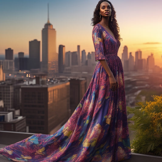 A stylized illustration of a woman wearing a flowy, floor-sweeping maxi dress in a bold, bright floral print, posing in front of a blurred cityscape at sunset, with one hand on hip.