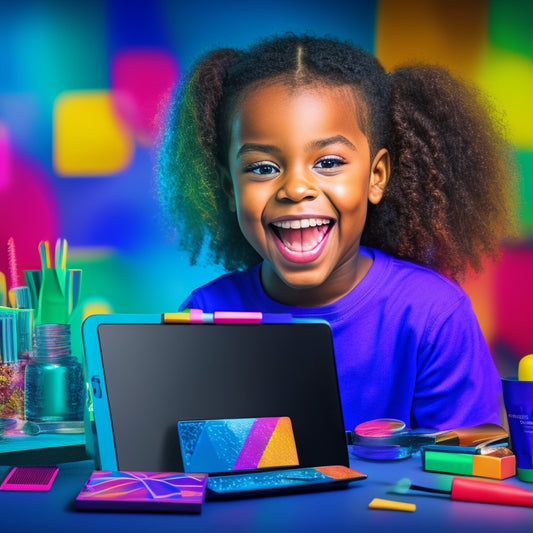 A colorful illustration of a smiling kid surrounded by dance-themed makeup tools, with a tablet or laptop displaying a fun dance tutorial video in the background.